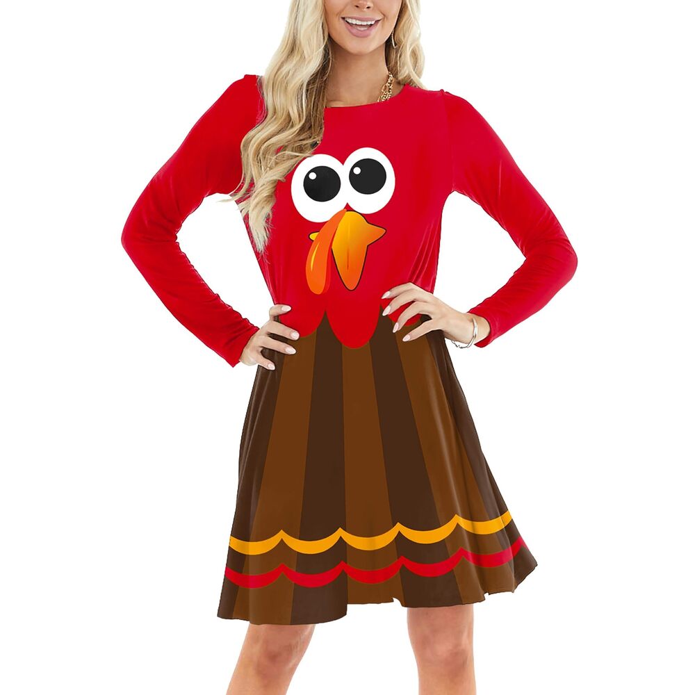 8980 Thanksgiving Day Dress Cute Turkey Face Printed Long Sleeve Thankful
